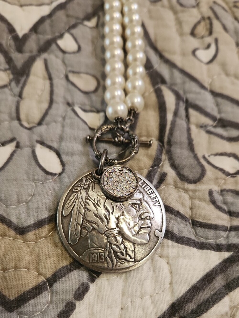 Boutique White Pearl Necklace with Buffalo Nickel Pendant